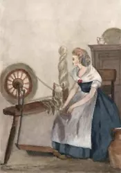 Buy LADY WITH SPINNING WHEEL Antique Watercolour Painting - 19TH CENTURY • 60£
