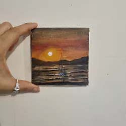 Buy Original Sunset Ocean, Mountains Painting, Hand Painted Canvas Board 10 X 10 Cm • 12.77£