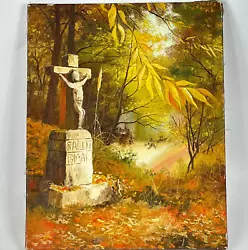 Buy Vintage French Religious Original Oil Painting Of Jesus Cross Forest Scene • 28£