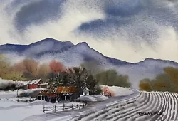 Buy Pamela Wilhelm Original Watercolor  5”x7 Furrowed Field Rustic Barns Winter • 23.69£