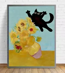 Buy Printed Painting Van Gogh's SUNFLOWERS Black CAT CANVAS 20 X 30cm Hanging, UK.. • 6.99£
