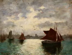 Buy 19th CENTURY ENGLISH INDISTINCTLY SIGNED OIL - BOATS AT SUNSET OFF HARBOUR • 48£