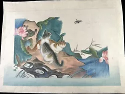 Buy Vintage Original Watercolour? Painting On Silk Cats Dragonfly Nature Signed • 35£