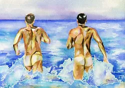 Buy PRINT Original Art Work Watercolor Painting Gay Male Nude  Beach Pleasure  • 17.70£