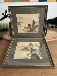 Buy Two Vintage Asian Watercolor Paintings On Silk Landscape Mountain Signed Framed • 2£