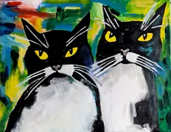 Buy Original Black Cats Painting Tuxedo Collectible Signed Folk Art Samantha McLean • 232.98£