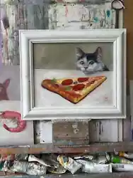 Buy Original Oil Painting  Wild Animal  Cat & Pizza   25x20cm    UNFRAMED • 59.99£