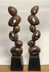 Buy A Pair Of Rare Vintage Modernist Abstract Stacked Carved Wood Sculptures 19  • 185.79£