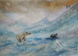 Buy ACEO Original Painting Landscape Ice Polar Bear Seal Snow Watercolour • 5.50£