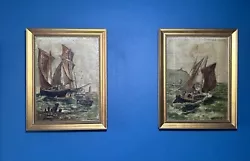 Buy Pair Of Antique 19th Century Boats At Sea Signed Oil Paintings  • 120£