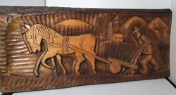 Buy Hand Carved Wall Plaque Plowing Scene, Primitive Wood Rustic Decor Folk Art, Old • 30£