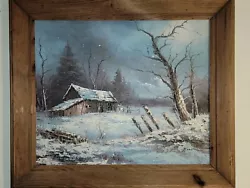 Buy Vintage Oil Painting On Canvas Barn House Snowing Field Trees Signed Rozario • 465.87£
