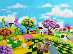 Buy Vibrant Folk Art Landscape With Highland Cow And Sheep - 16 X 12 Inches • 65£