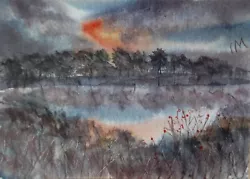 Buy ACEO Original Painting Art Card Landscape Trees Lake Hills Dusk Watercolour • 5£