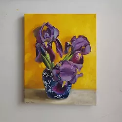 Buy Irises On Yellow Background Original Oil Painting • 122.32£