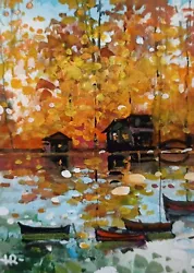 Buy ACEO TANIA Original  2.5x3.5  Card Paper Gouache Trees Boats Autumn Reflection • 11.42£