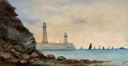 Buy LIGHTHOUSE & BOATS Antique Watercolour Painting - 19TH CENTURY - SIGNED • 50£
