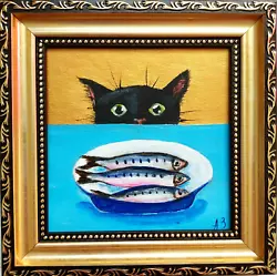 Buy Black Cat And Fish Oil Painting Gold Artwork Framed Funny Black Cat Original • 40.77£