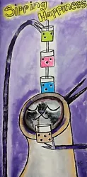 Buy Original Cat Painting Collectible Siamese Coffee Boba Folk Art Samantha McLean • 185.45£