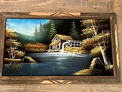 Buy Vintage Velvet Painting Old Mill On River Landscape 22.5x13.5  Carved Wood Frame • 21.23£