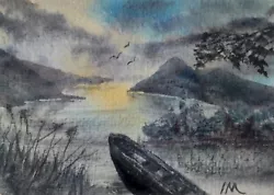 Buy ACEO Original Painting Art Card Landscape Trees Mountains Lake Boat Watercolour • 5.50£