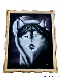 Buy Full Moon  , Wolf ,18 X 22  Hand Painted,velvet Painting , Vintage , Wood Frame  • 39.14£