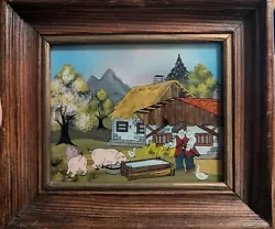 Buy Vintage Der Handmaler German Reverse Glass Villager & Pigs Painting • 73.51£
