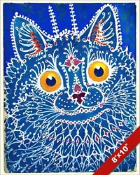 Buy Blue Kitty With Big Yellow Eyes Louis Wain Painting Cat Art Real Canvas Print • 11.19£