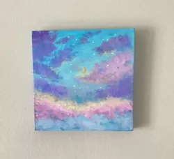 Buy Original Acrylic Painting Sky Dreamy Clouds Moon Wood Canvas Decor Hangable Art • 15£