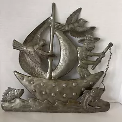 Buy Metal Art Sculpture Fisherman Sailboat Fish Haiti 12x12” Signed David Joseph • 43.34£