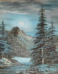 Buy PETER WOOD Mountain Forest Moonlight Oil On Canvas MCM In Style Of Bob Ross • 45£