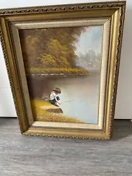 Buy Oil Painting Framed Gold Gilt Boy Fishing By C Manuel Signed Pair Off Paintings • 60£
