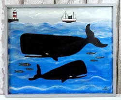 Buy Original Naive Whale Painting Folk Art Seaside Coast In Primitive Wooden Frame • 120£