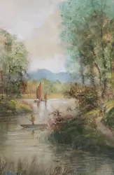 Buy E Lewis C19 Signed Original Antique Watercolour Painting Fishing Lake Landscape • 33£