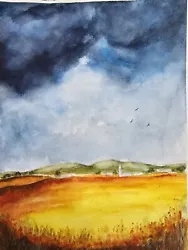 Buy SALE! Clouds Wheat Fields Landscape Original Watercolour Painting Unique Framed  • 30£