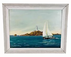 Buy Mid Century Naive Oil Painting Of Boat On Sea Signed By Artist M.T. • 75£