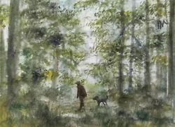 Buy ACEO Original Painting Art Card Landscape Walk Man Dog Woods Watercolour • 7£