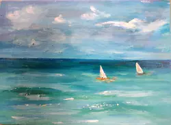 Buy ORIGINAL Painting   SAILBOATS  BEACH SAILING IMPRESSIONISM COLLECTABLE Gift UK • 29£