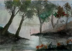 Buy ACEO Original Painting Art Card Landscape Trees Mountains Lake Cloud Watercolour • 5.50£