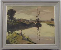Buy Mid 20th Century Angler Fishing Oil On Canvas Painting • 26£