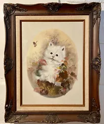 Buy Vtg White Cat Kitten Butterfly Oil On Canvas Painting Framed Signed By P. White • 65.23£