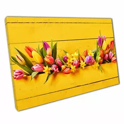 Buy Vibrant Painted Yellow Wood Fresh Springtime Flowers Pink Orange Print Canvas • 10.78£