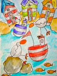 Buy ACEO Original Watercolour Painting -Beach Huts -  By Polly • 6£