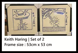 Buy KEITH HARING X2 UFO ALIEN LGBT LARGE POSTER FRAMED PICTURE ART PRINT 53x53cm • 54.95£