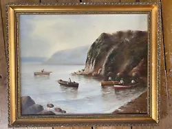 Buy Vintage Oil Canvas Painting Signed Framed Cornwall? Fisherman Cliffs Boats CW • 34.99£