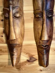 Buy Pair Of 58cm Long Hand Crafted Elongated Faces Wooden Wall Art • 60£