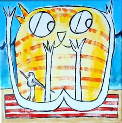 Buy Original Cat Painting Beach Bird Tabby Seascape Folk Art By Samantha McLean • 105.19£