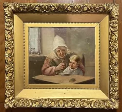 Buy Antique Oil Painting Grandmother W/Child 21” X 23” Granny Feeding Baby • 185.97£
