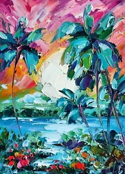 Buy Original Oil Painting Hawaiian Laguna Beach Seascape Artwork Sunset Palm 7*5 In • 31.04£