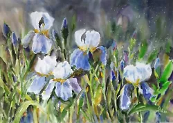 Buy Original Irises Watercolor Painting Soft Blue Iris  Wall Art Floral Blue Flower • 116.44£